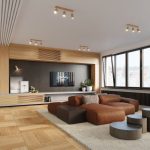 Stropni reflektor od prirodnog drveta Berg s 3 lampe u dnevnom boravku